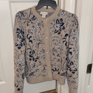 Rachel Zoe Beige Floral Button-Front Cardigan Sweater